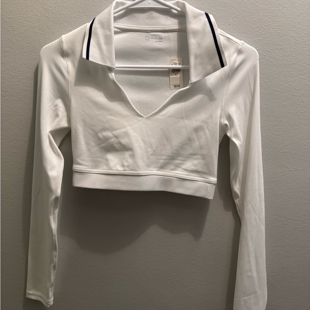 Aerie Cropped White Long-Sleeve Polo Top with Navy Trim